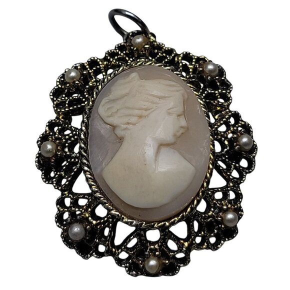 Vermeil Carved Shell Cameo Pendant Faux Pearl Accent Gold Tone Sterling Silver - Picture 14 of 14